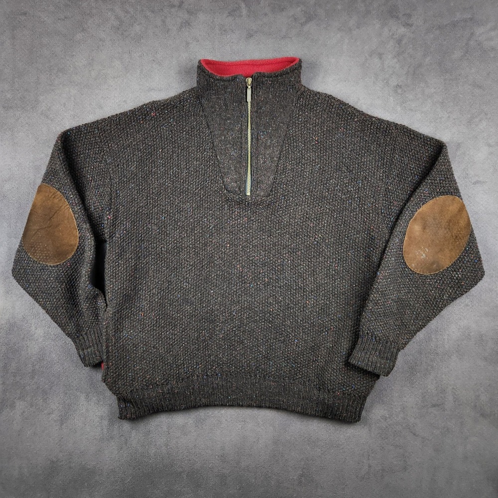 Vintage REI 1/4 Zip Sweater Mens Large Chunky Wool Donegal Tweed Elbow Patch USA